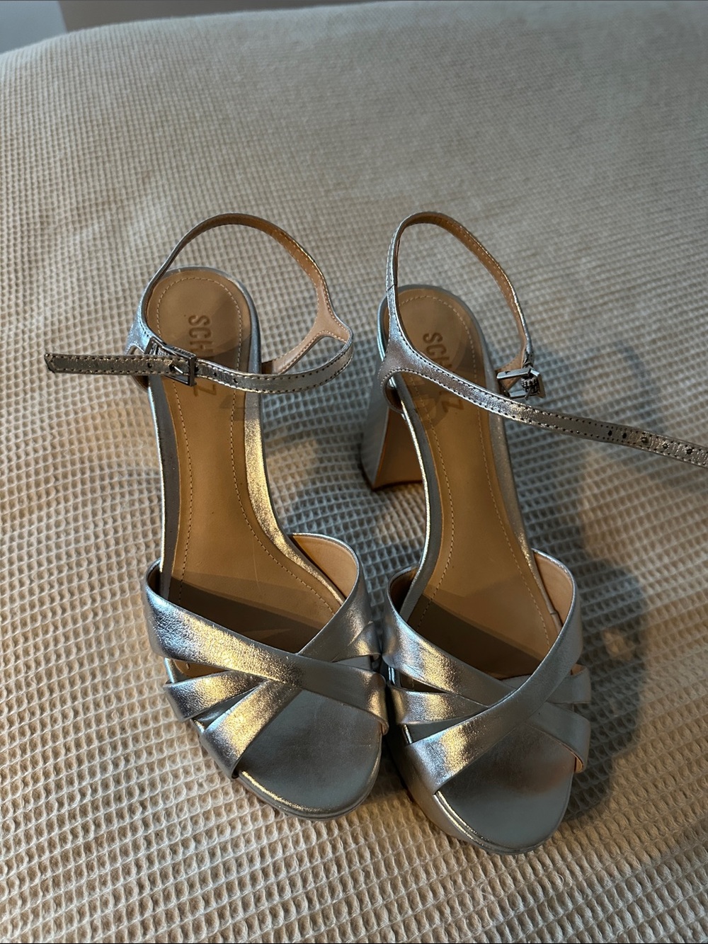 SCHUTZ Metallic Silver Cross-Strap Block Heel Sandals